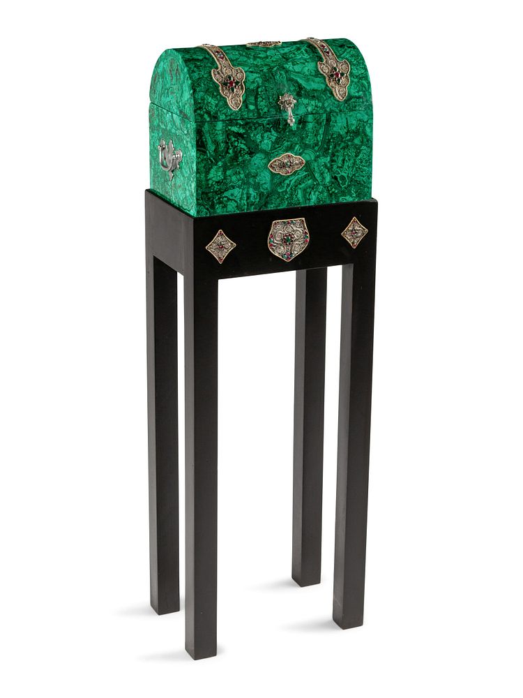 Appraisal: A Ruby Emerald and Filigree Mounted Malachite Casket on Stand