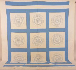 Appraisal: Antique Nine Block Plume Wreath Design Quilt Antique Blue and