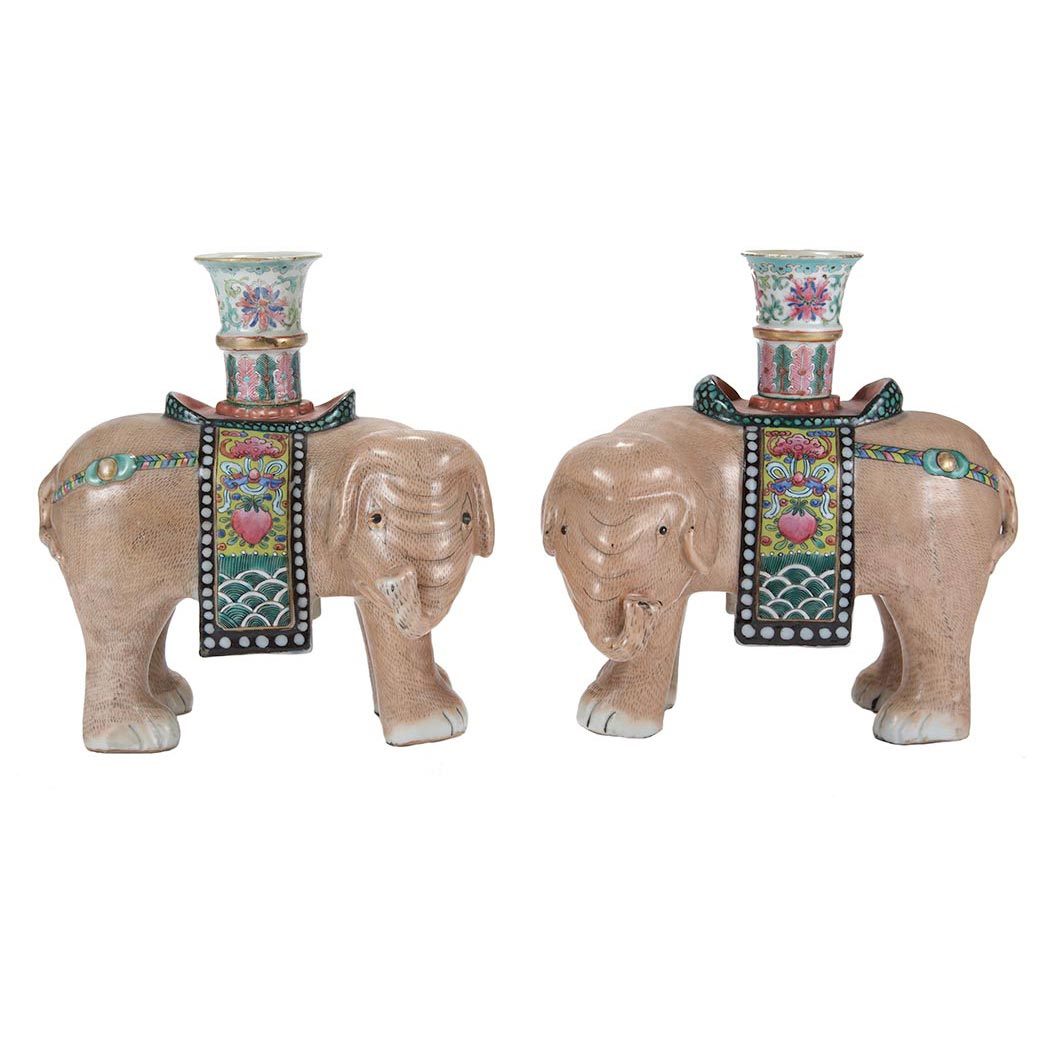 Appraisal: Pair of Chinese Export Famille Rose Porcelain Elephant-Form Taperstick Holders