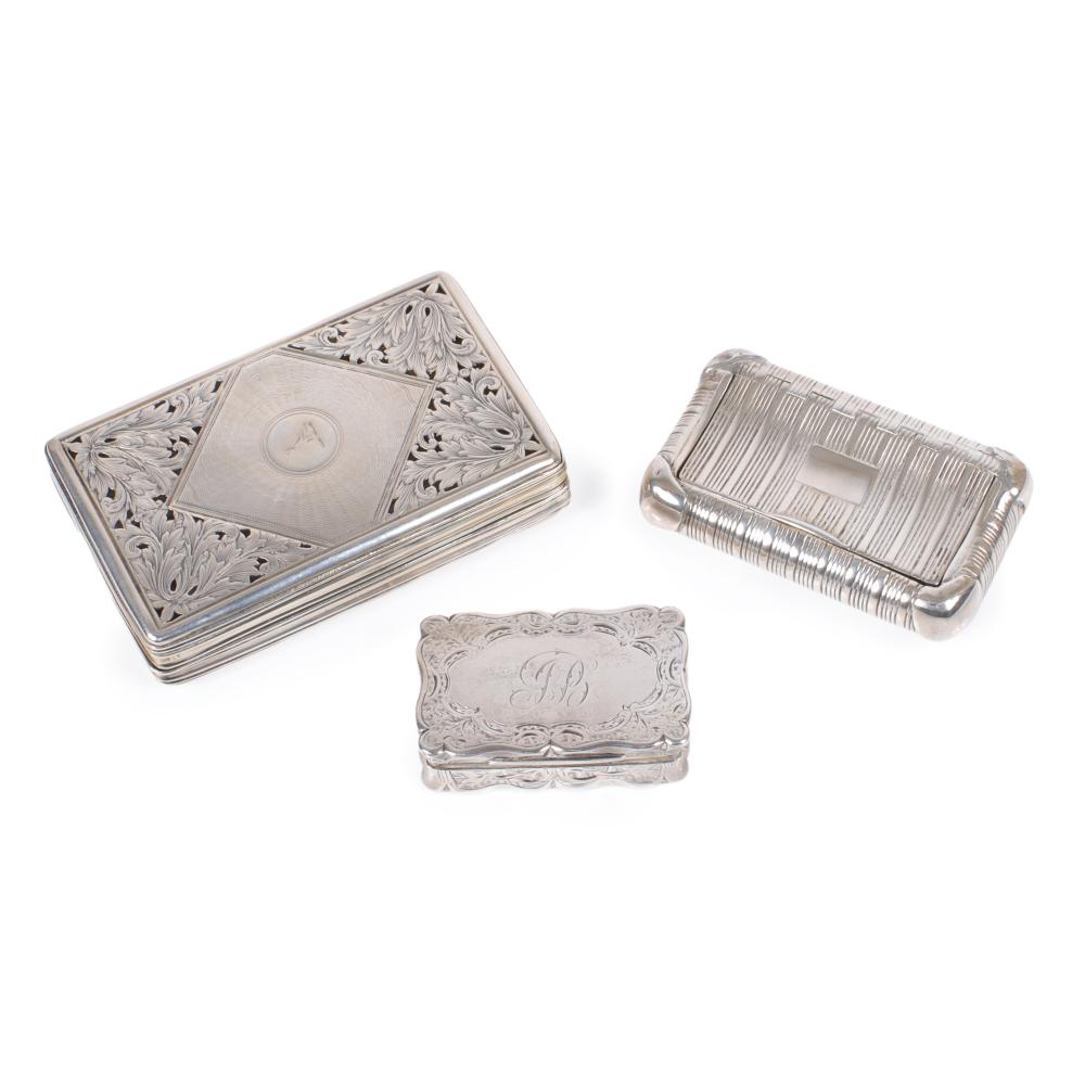 Appraisal: THREE ENGLISH STERLING SILVER VINAIGRETTE SNUFF CARD CASE BOXES H