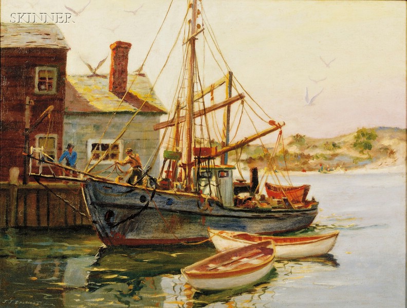 Appraisal: J J Enwright American - Coastal Landscape with Fishing Wharf