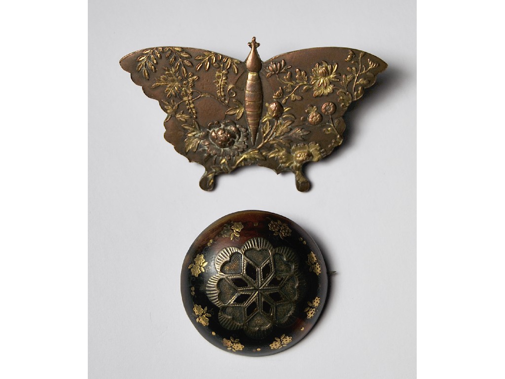 Appraisal: Tortoiseshell pique brooch to w bronze butterfly brooch decorated with