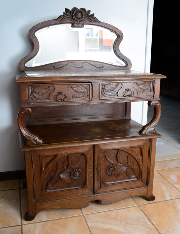 Appraisal: ART NOUVEAU CARVED MARBLE TOP BUFFET Art Nouveau transitional style