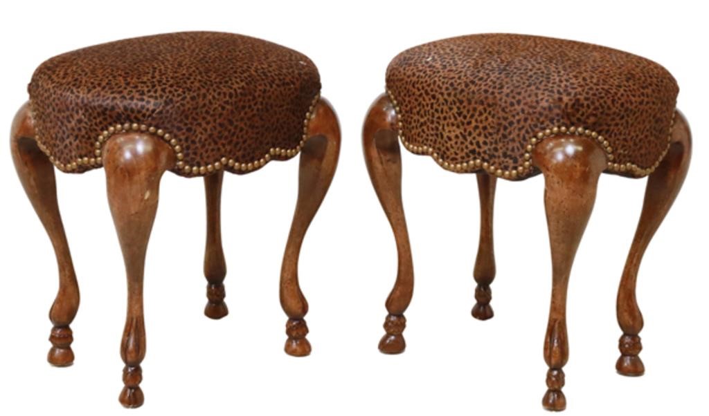 Appraisal: pair Contemporary upholstered stools having padded seat in leopard-print pony