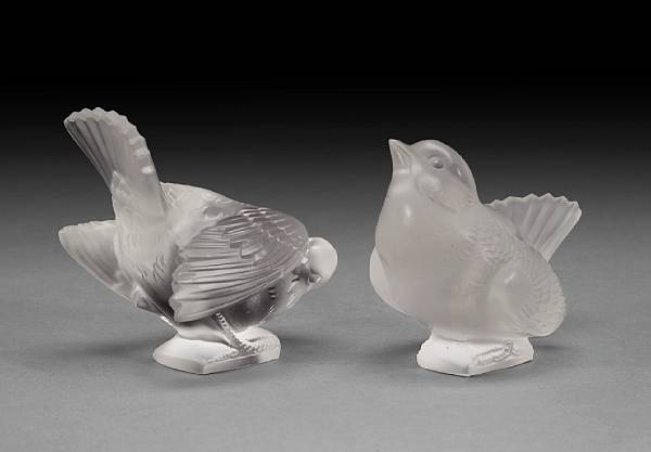 Appraisal: Two Ren Lalique molded glass birds Moineau Coquet and Moineau