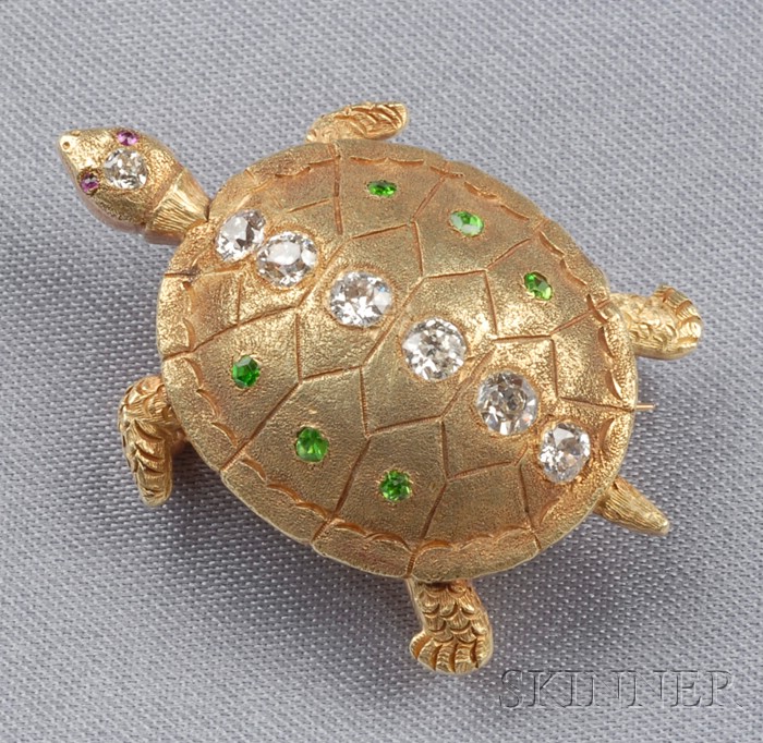 Appraisal: Antique kt Gold Diamond and Demantoid Garnet Turtle Brooch Hedges