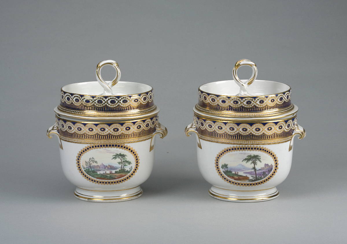 Appraisal: PAIR OF DERBY PORCELAIN TOPOGRAPHICAL WINE COOLERS CIRCA - Each