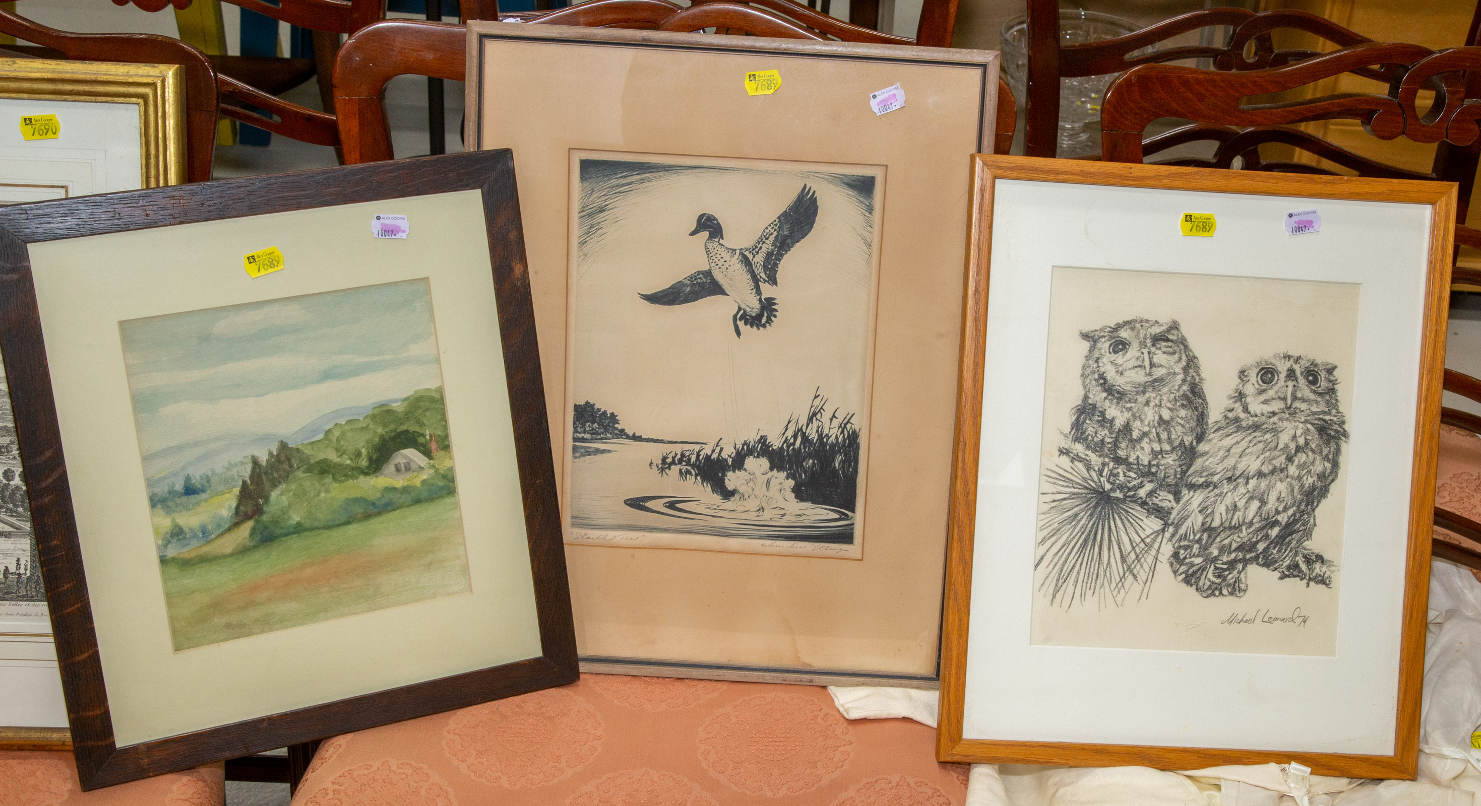 Appraisal: THREE FRAMED ARTWORKS Includes C Ettinger teal Lenard owls and