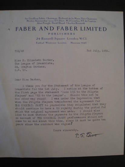 Appraisal: ELIOT T S Typed letter signed to Elizabeth Barber London