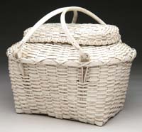 Appraisal: WHITE PAINTED TWO HANDLED COVERED BASKET Interesting shape with two