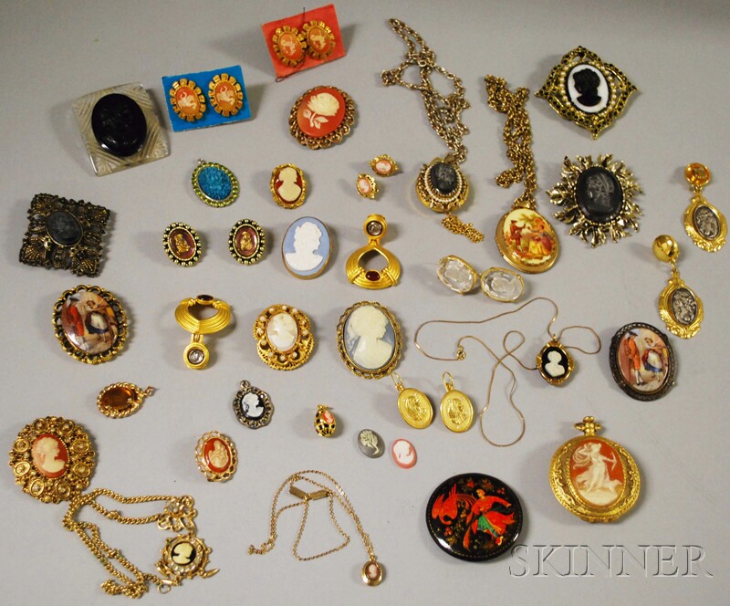 Appraisal: Group of Antique-style Costume Jewelry including cameos intaglios Wedgwood-style pieces