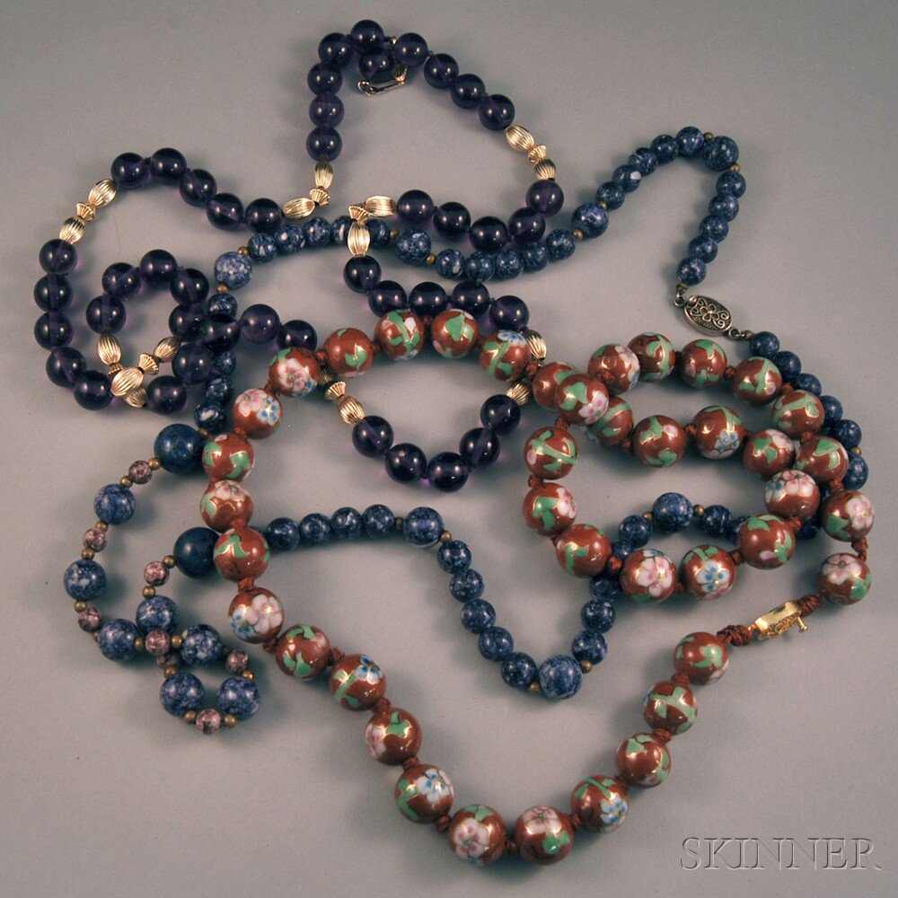 Appraisal: Three Beaded Necklaces glass stone and enamel the blue hardstone