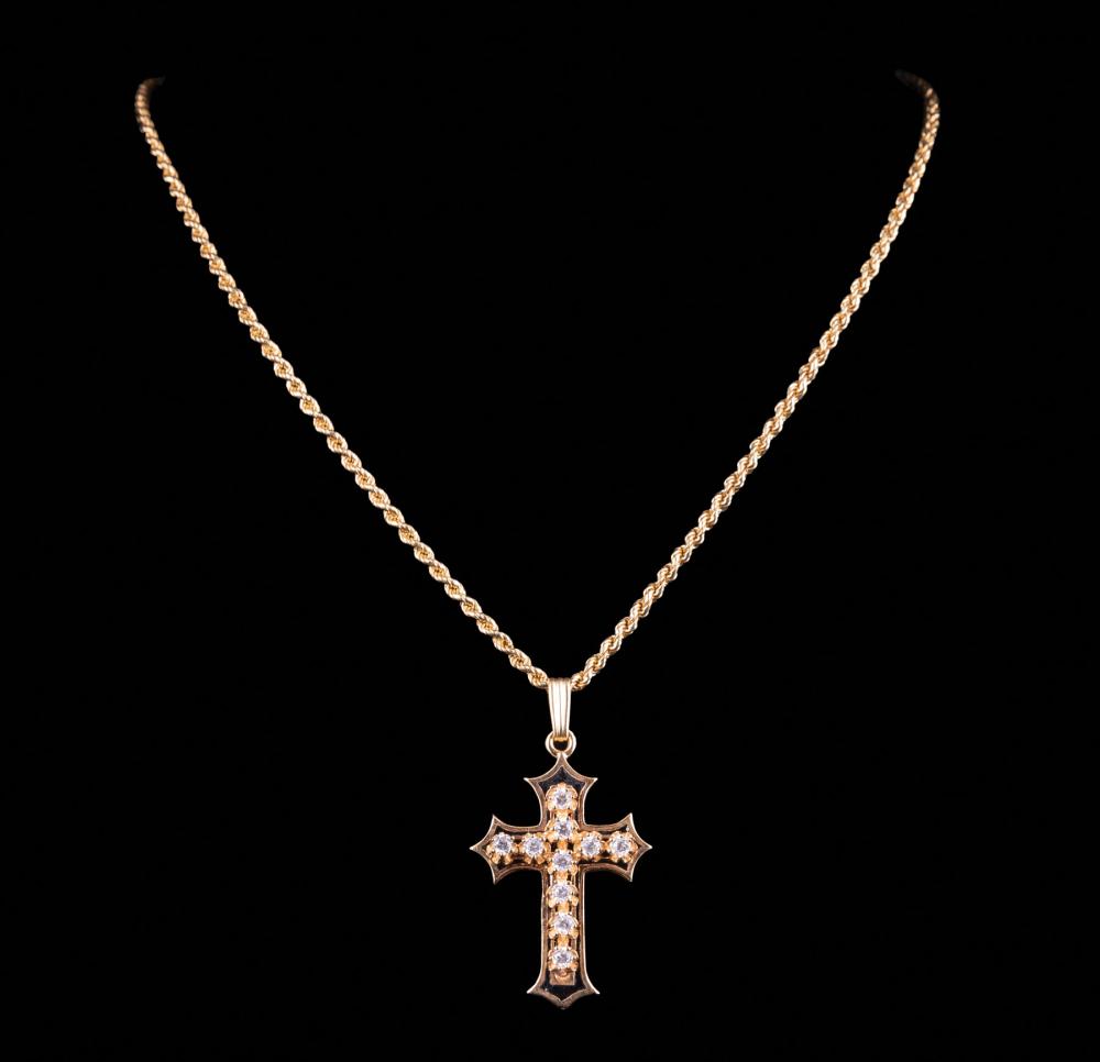 Appraisal: kt Yellow Gold Black Enamel and Diamond Cross WITH kt