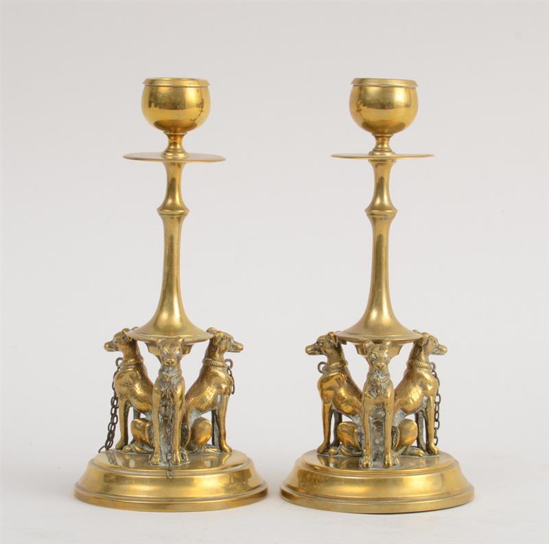 Appraisal: PAIR OF FRENCH BRASS TABLE CANDLESTICKS Each spindle stem with