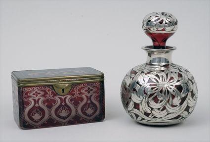 Appraisal: American Silver-Overlay Ruby Glass Scent Bottle and a Brass-Mounted Engraved