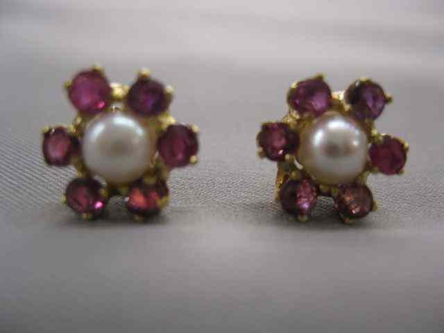 Appraisal: Ruby Pearl Earrings mm pearl surrounded by rubies in k