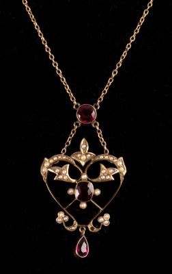 Appraisal: An Edwardian garnet and pearl heart-shaped pendant necklace centred by