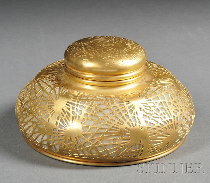 Appraisal: Tiffany Studios Pine Needle Pattern Inkwell Etched gilt bronze and