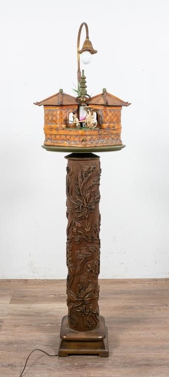 Appraisal: Found object lamp Carved wood stand with inlaid metal floral