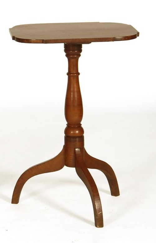 Appraisal: ANTIQUE AMERICAN TRI-LEG CANDLESTAND Late th CenturyIn maple and tiger