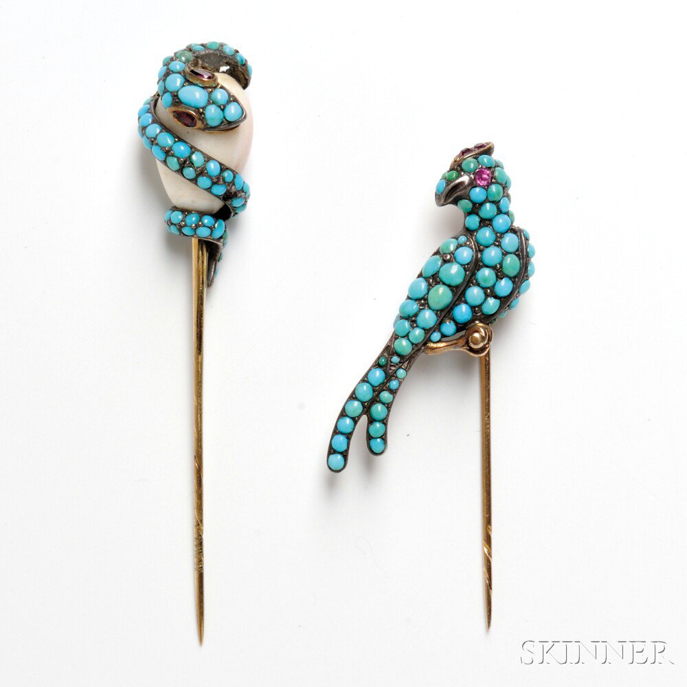 Appraisal: Two Antique Turquoise Stickpins one depicting a turquoise bird on