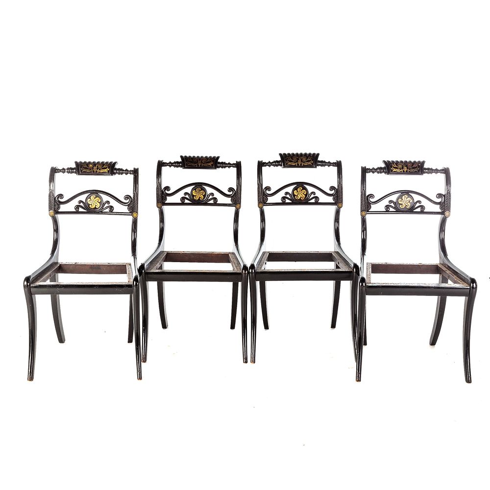 Appraisal: Four Regency Ebonized Brass Inlaid Side Chairs Elaborately carved Klismos