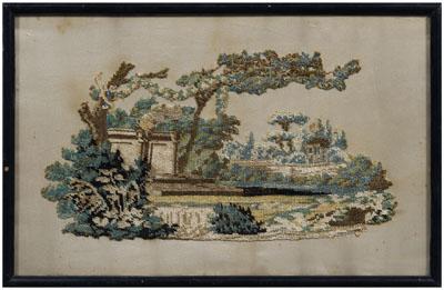 Appraisal: North Carolina needlework landscape and ruin on white ground silk