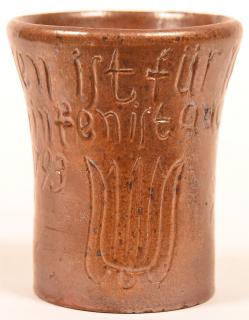 Appraisal: Glazed and Sgrafitto Redware Pottery Tumbler Attributed to Mercer Tile