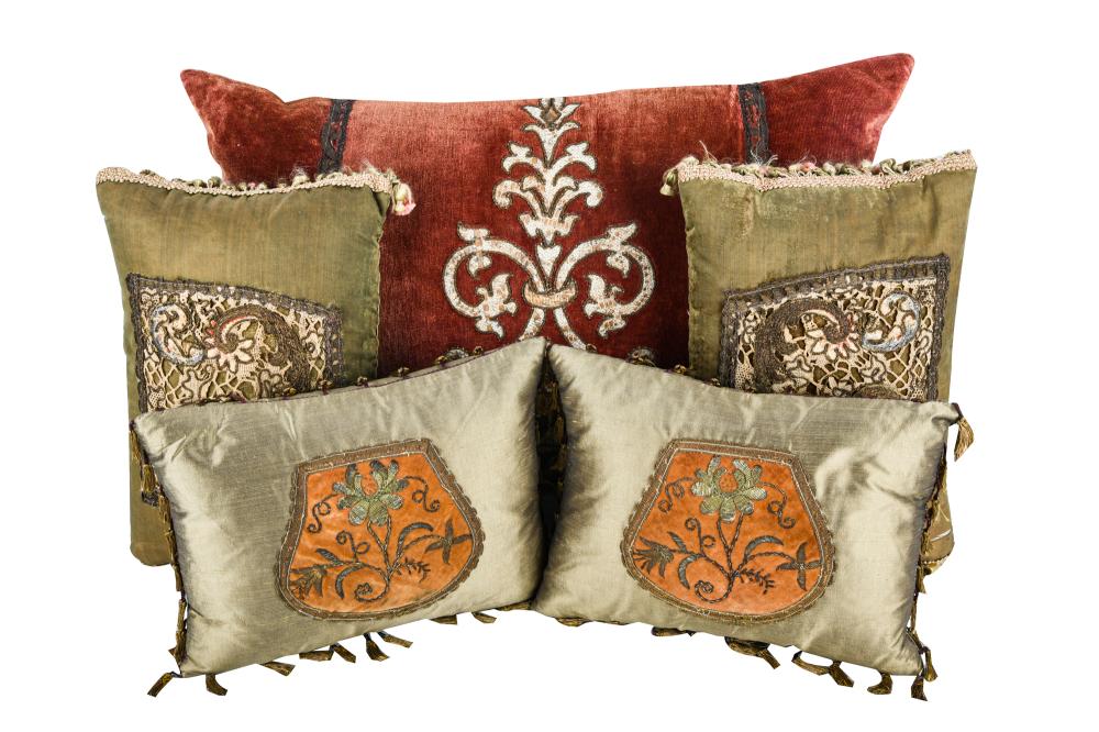 Appraisal: FIVE ASSORTED GOLDWORK EMBROIDERED CUSHIONSeach olive-green silk Condition each with