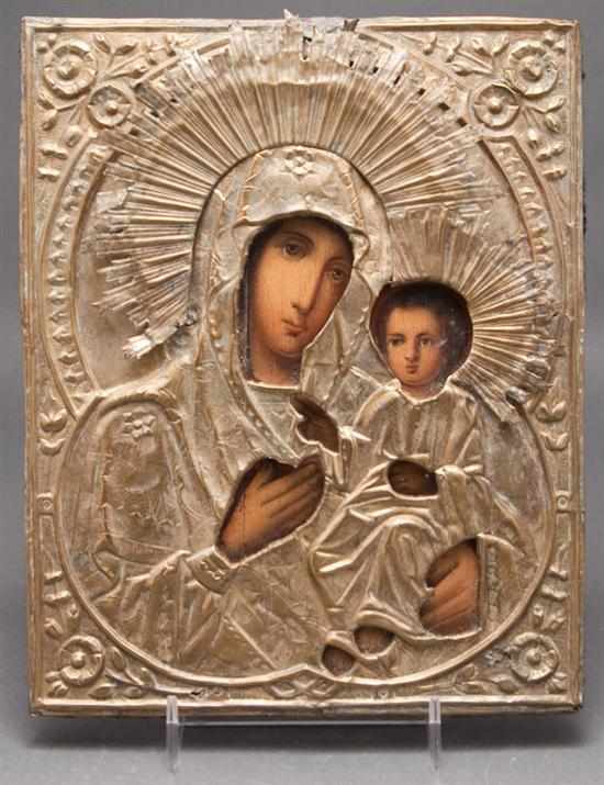 Appraisal: Russian Madonna and Child icon with stamped brass riza late