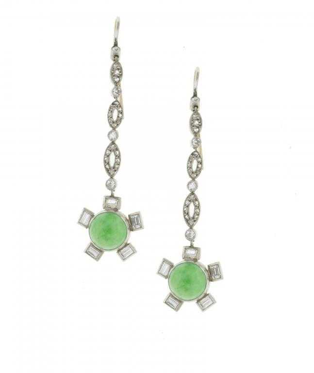 Appraisal: A PAIR OF JADE AND DIAMOND EARRINGS the jade cabochon