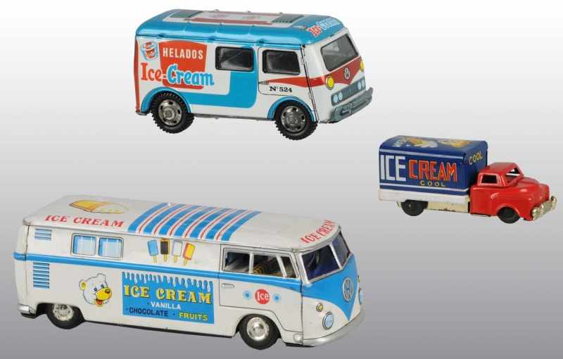 Appraisal: Lot of Tin Ice Cream Vehicle Friction Toys Description Includes