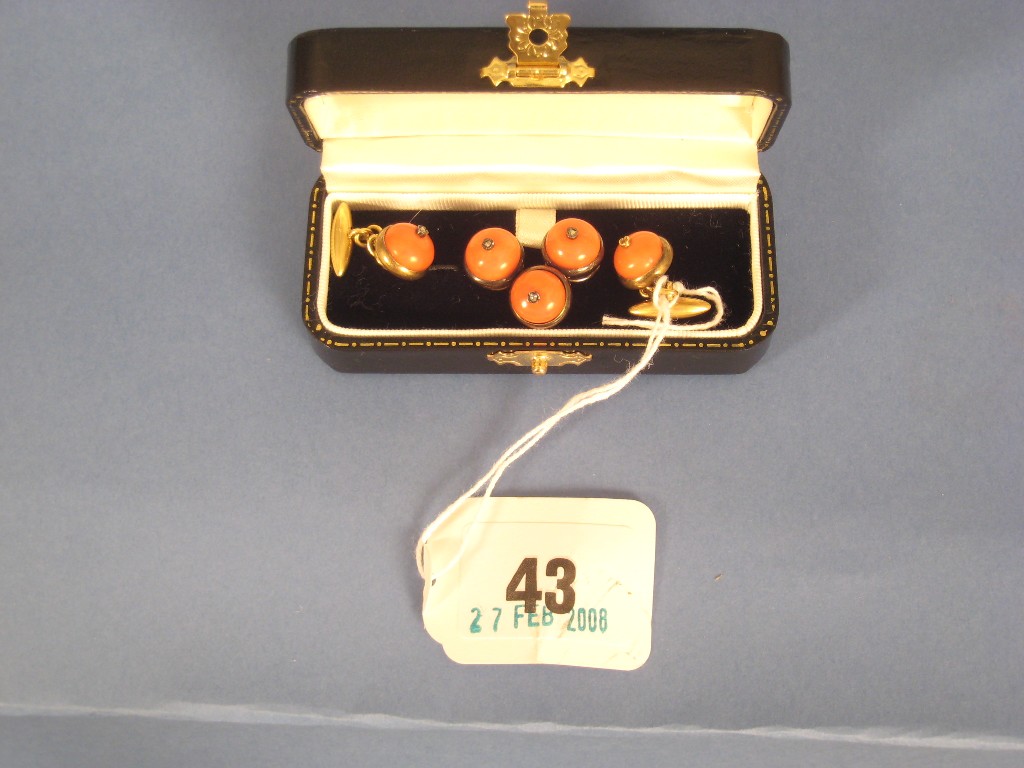 Appraisal: A Pair of French Coral and Diamond Cufflinks late th