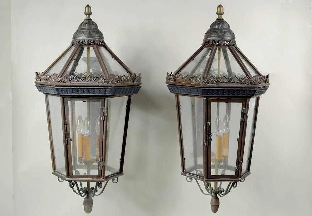 Appraisal: Pair Large Copper Brass Lantern Sconces Pair of large copper