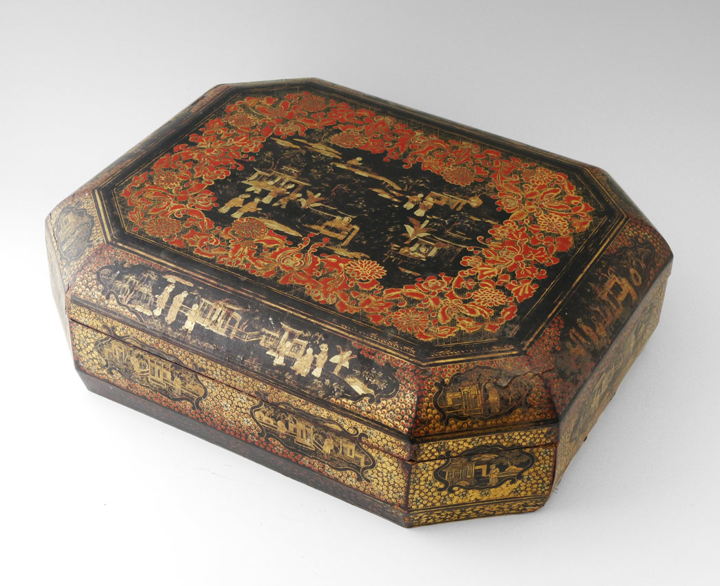 Appraisal: CHINESE LACQUER COVERED BOX Red and gilt Oriental motifs in