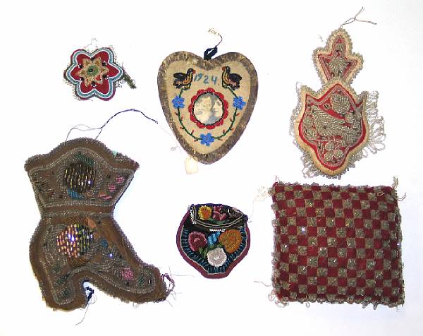 Appraisal: Six Iroquois beaded items A pouch a pincushion and four