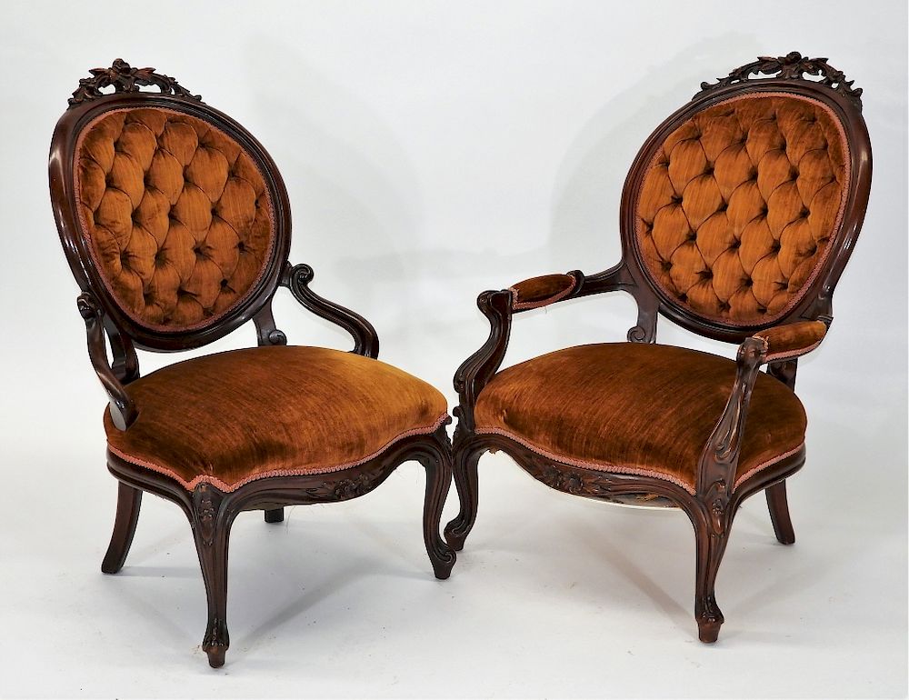 Appraisal: PR Victorian Walnut Rose Carved Parlor Chairs United States Circa