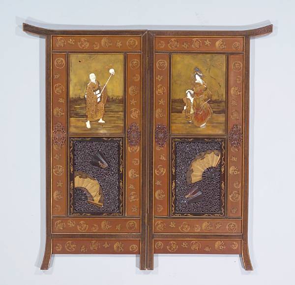 Appraisal: A two panel lacquer decorated screen Meiji Period With flaring