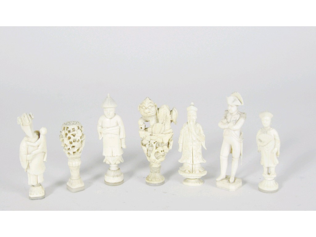 Appraisal: A Collection of seven carved ivory Figures including Wellington kylin