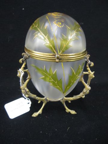 Appraisal: Victorian Enameled Satin Glass Egg DresserBox thistle decor brass mounted