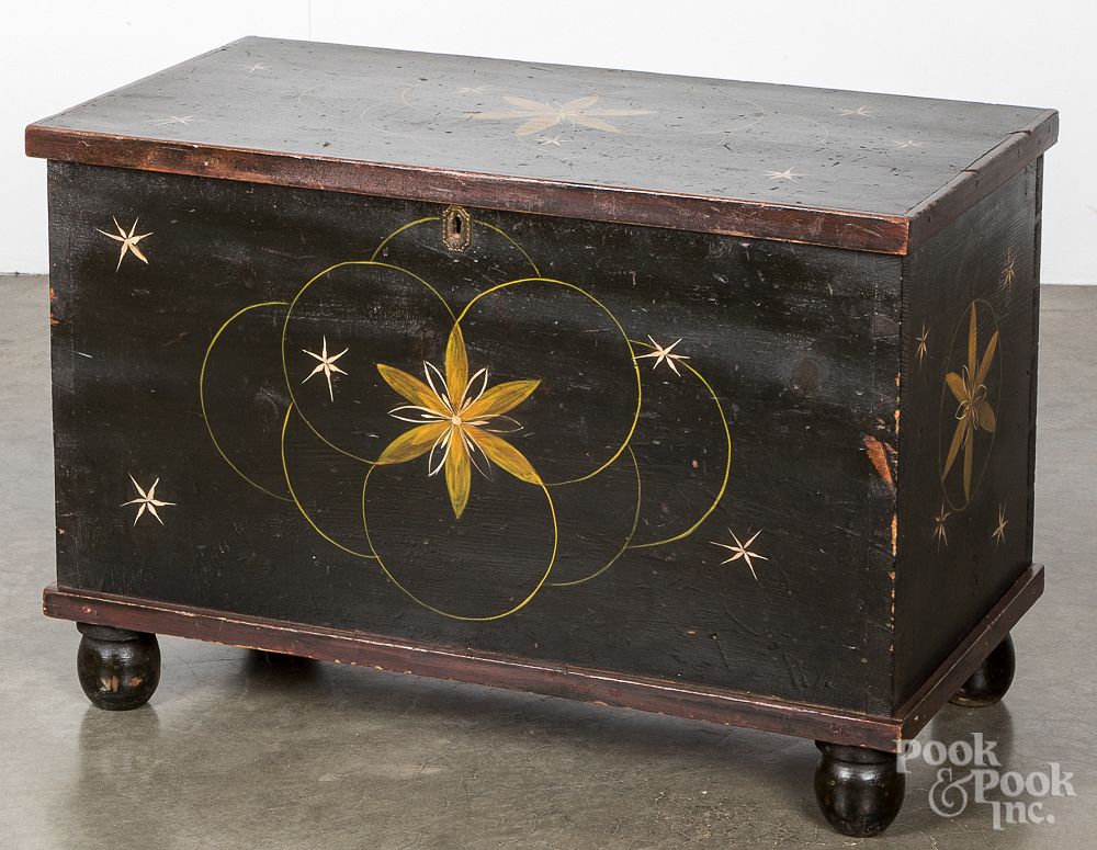 Appraisal: Diminutive painted pine blanket chest th c Diminutive painted pine