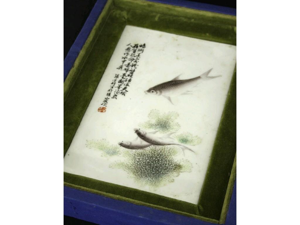 Appraisal: Chinese rectangular porcelain plaque decorated with carp and calligraphy x