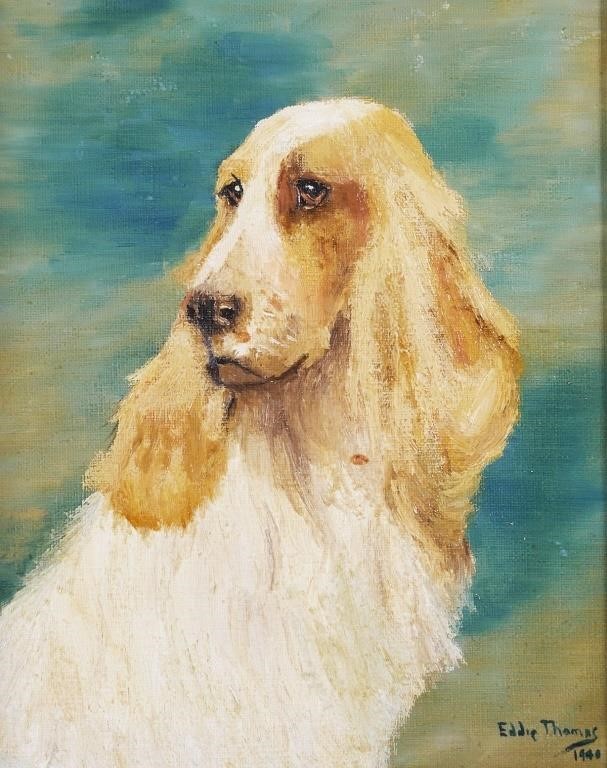 Appraisal: Oil on canvas dog painting by Eddie Thomas American th