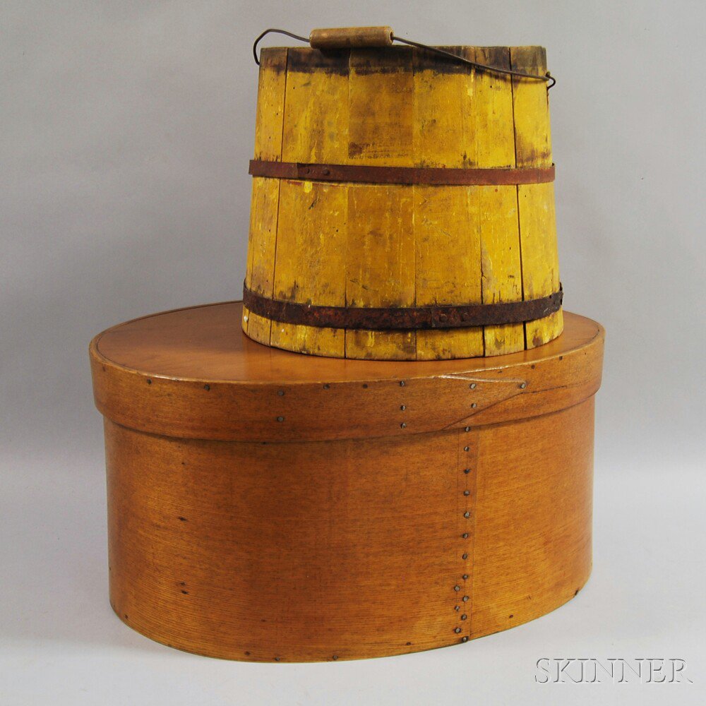 Appraisal: Large Lapped-seam Box and a Yellow-painted Bucket the stave-constructed bucket