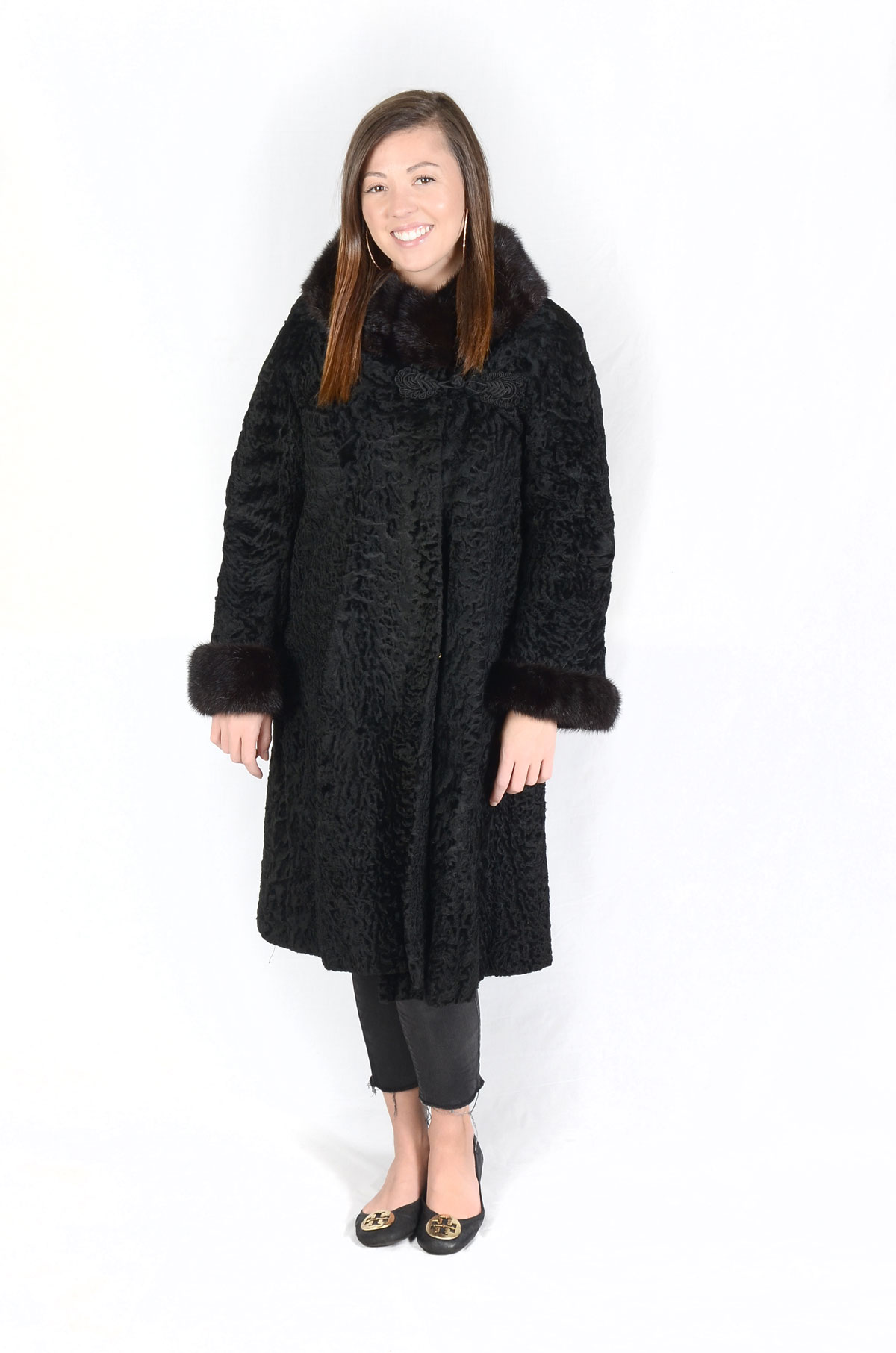 Appraisal: VINTAGE BLACK RUSSIAN BROADTAIL COAT WITH FOX TRIM Very Audrey