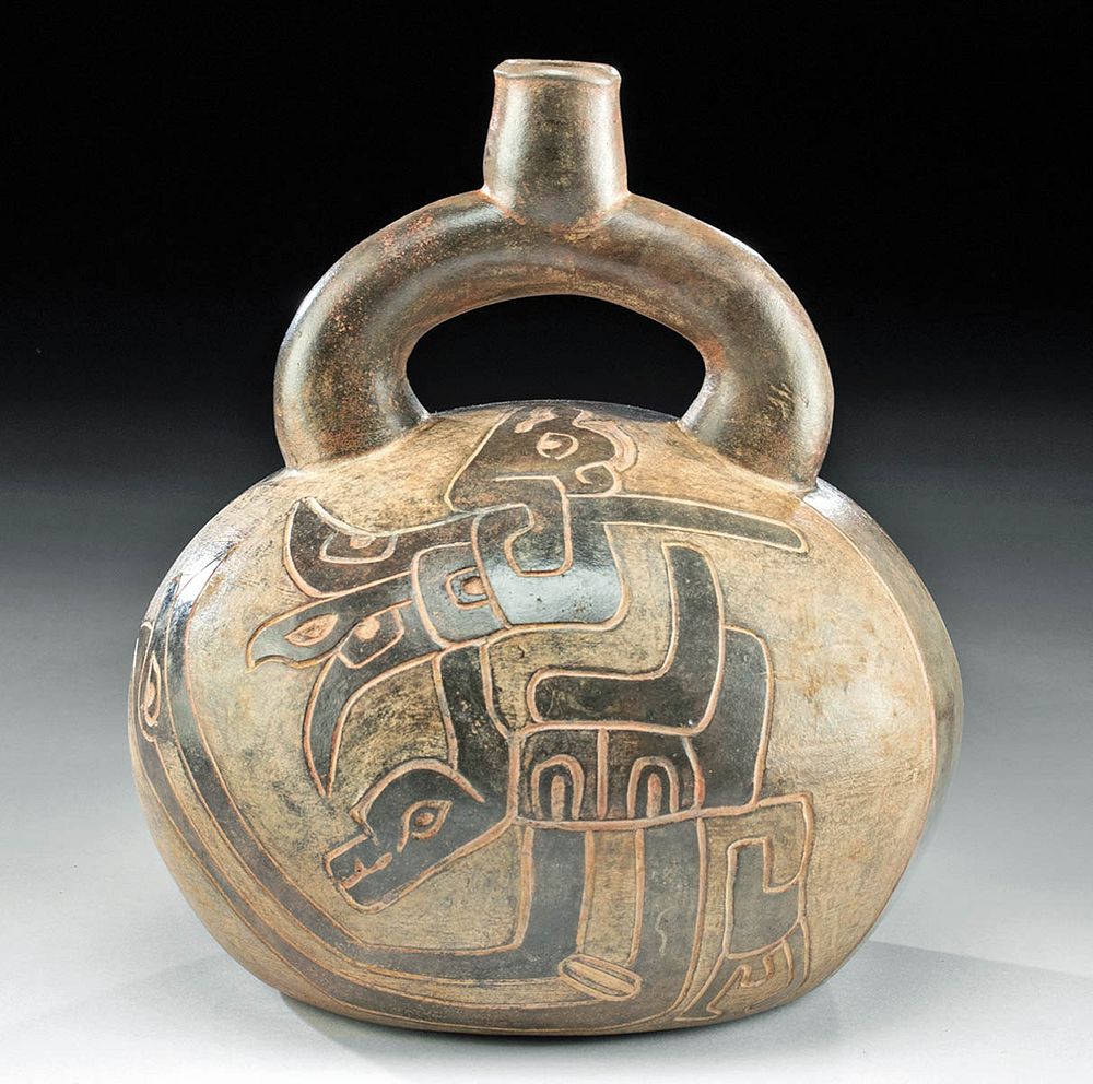 Appraisal: Chavin Pottery Stirrup Vessel w Incised Zoomorphs Pre-Columbian North Coast