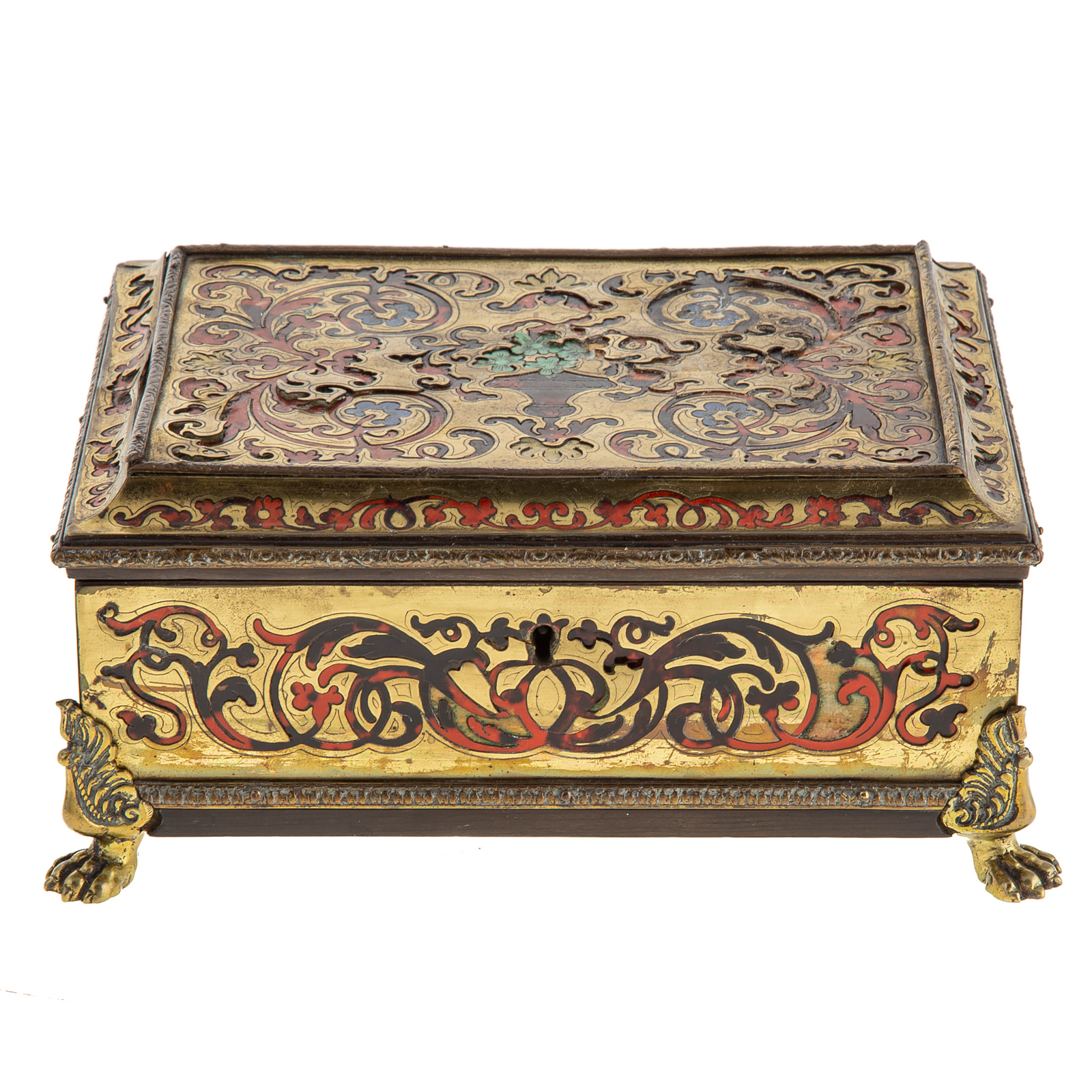 Appraisal: CONTINENTAL BOULLE STYLE JEWELRY BOX th century cut brass over