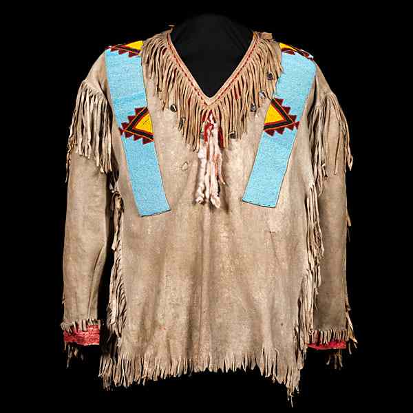 Appraisal: Assiniboine Beaded Hide War Shirt thread-sewn and beaded using colors