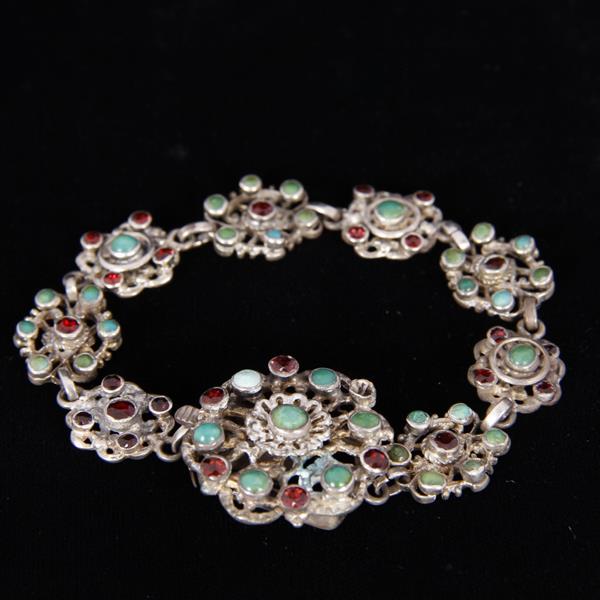 Appraisal: Austro Hungarian Silver Bracelet with Turquoise Cabochon Garnets Missing at