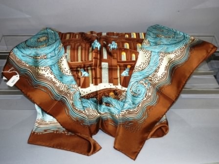 Appraisal: Hermes French Silk brown blue creme Tower of Babel scarf